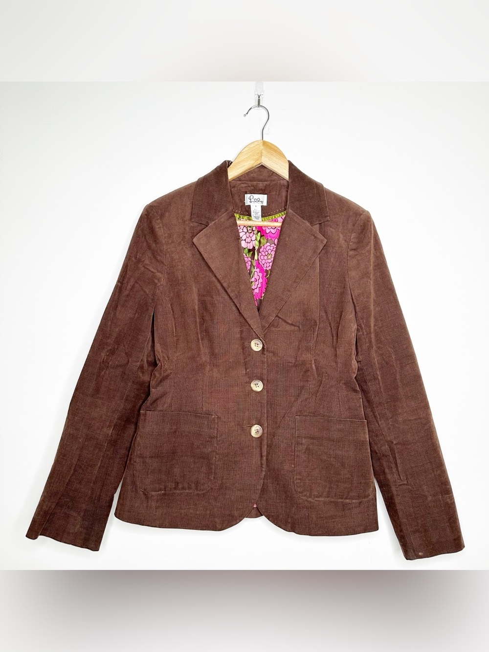 Lilly Pulitzer Vintage Brown Corduroy Blazer Floral Lining Elbow Patch Sz 6